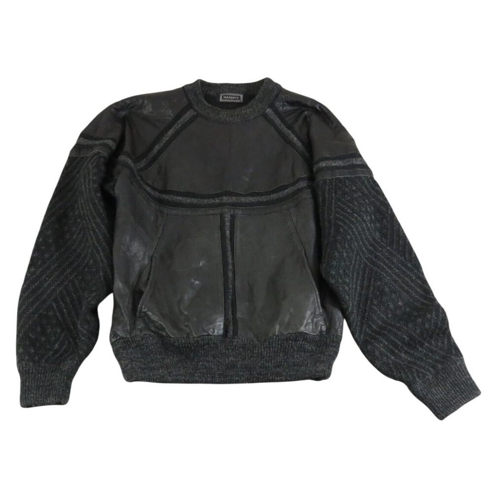 1980s Vintage Saxony Genuine Leather and Wool Knit Sweater Ribbed Trim Men's L